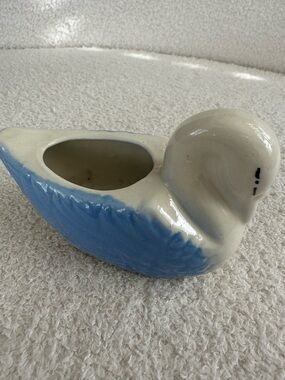 Midcentury Blue and White Ceramic Swan Planter - Decorative Home Art